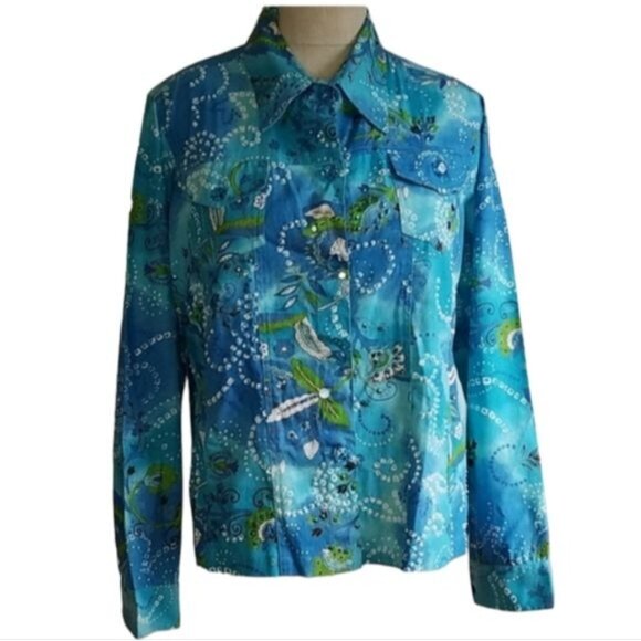 VINTAGE Keren Hart Jacket Coat Floral Blue Top Blouse Shirt Women's WOMAN'S - Picture 1 of 11
